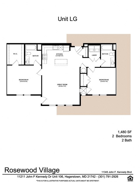 Floor plan for 2 beds, 2 baths, 1170 sqft